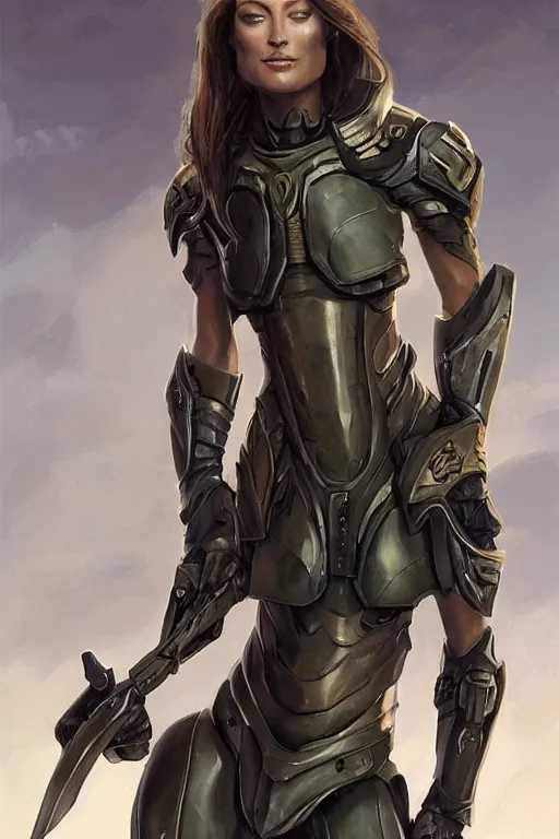 Image similar to a professional painting of a young Olivia Wilde, clothes in military armor, olive skin, long dark hair, beautiful bone structure, symmetrical facial features, intricate, elegant, digital painting, concept art, smooth, sharp focus, illustration, from StarCraft by Ruan Jia and Mandy Jurgens and Artgerm and William-Adolphe Bouguerea