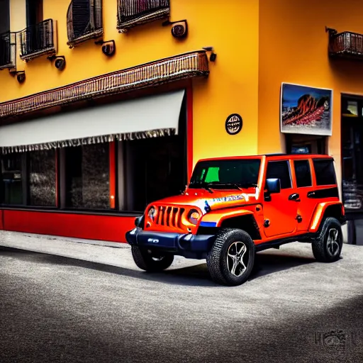 Image similar to Abstract Jeep Wrangler inspired by Italian pizza sauce, in front of a pizza shop in Italy, 4k photography