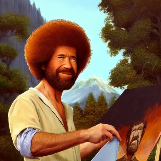 Image similar to a closeup photorealistic photograph of bob ross working on a canvas painting of fred flintstone. film still. brightly lit scene. mountains and trees. this 4 k hd image is trending on artstation, featured on behance, well - rendered, extra crisp, features intricate detail, epic composition and the style of unreal engine.