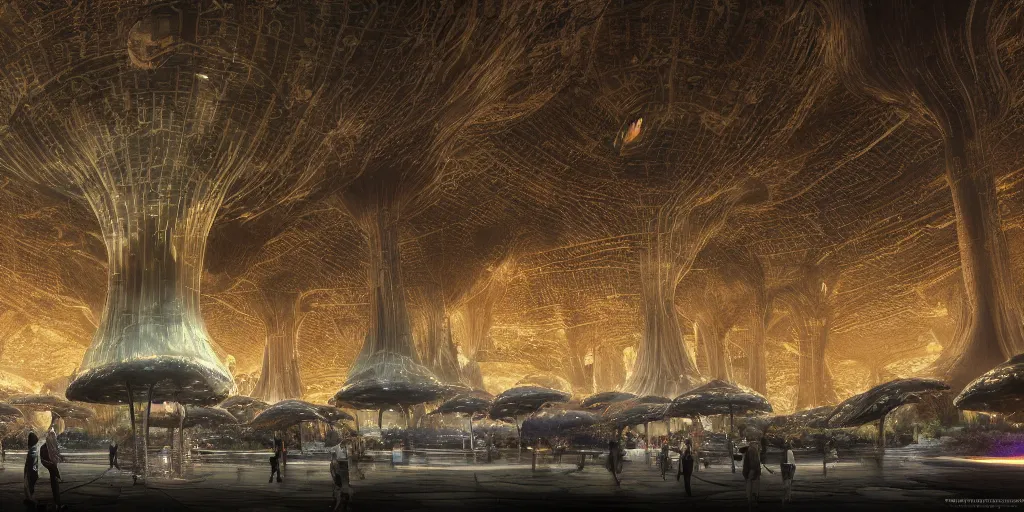 Image similar to Photorealistic exterior of Istiqlal mosque bulit in giant glowing mushroom underworld dark cave, with domes and arches, people and androids wearing traditional japanese clothing. photorealism, UHD, amazing depth, glowing, golden ratio, 3D octane cycle unreal engine 5, volumetric lighting, cinematic lighting, cgstation artstation concept art