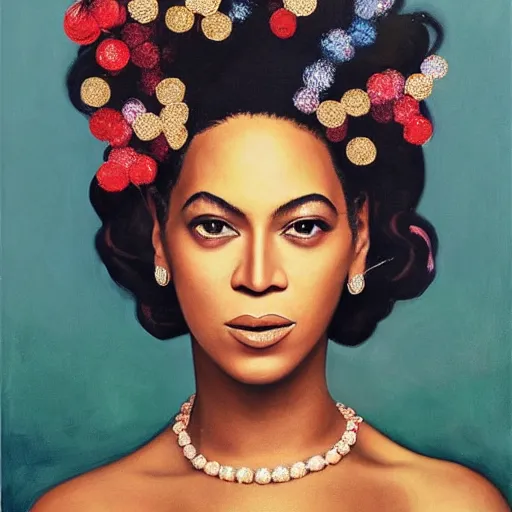 Image similar to Beyonce at a birthday party, head and shoulders portrait, extremely detailed masterpiece, Roger Deakin’s cinematography, oil on canvas, Norman Rockwell.