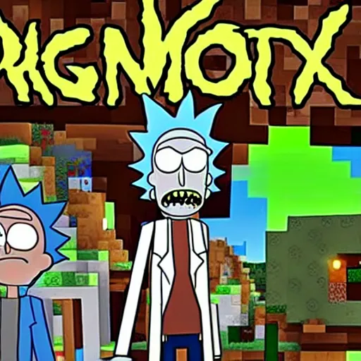 Image similar to Rick and Morty in minecraft, minecraft mods, game poster, trailer, RTX on, minecraft RTX