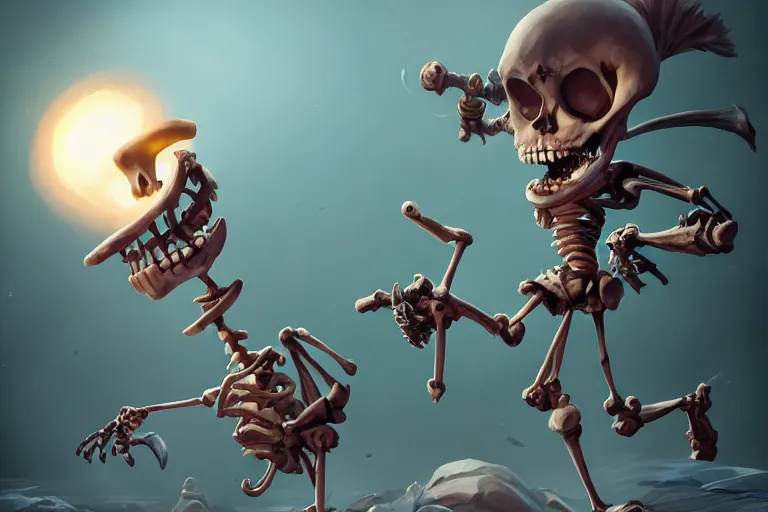 Image similar to a cartoony skeleton dynasour, in the style of Rayman origins, michael ancel, Ruan Jia and Mandy Jurgens and Greg Rutkowski, trending on Artstation, award winning, unreal engine, octane render H 1024