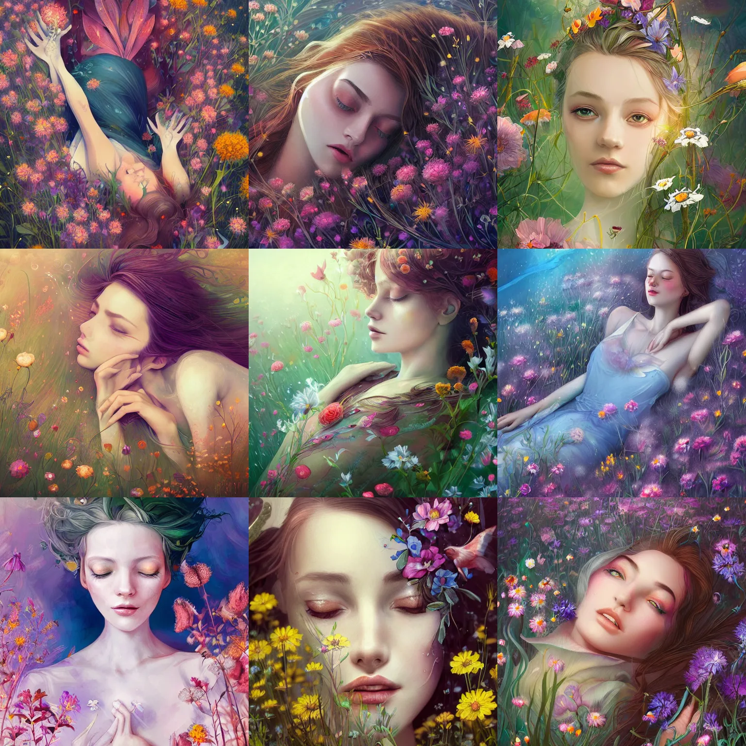 Prompt: A digital painting of a woman lying in wild flowers, art by Anna Dittmann and android jones, intricate, ethereal, dreamy, highly detailed, digital painting, Artstation, concept art, smooth, sharp focus, illustration