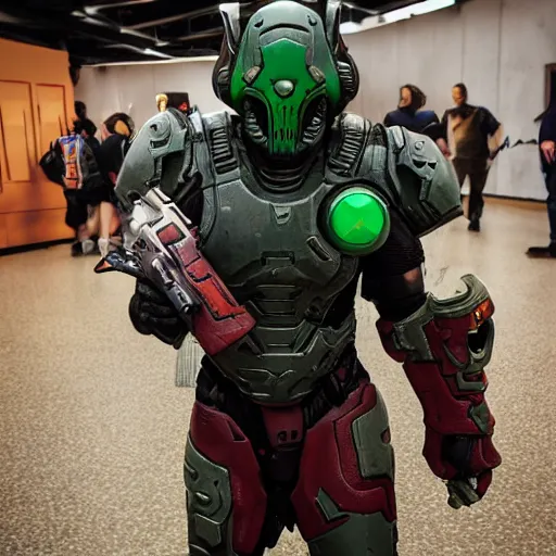 Image similar to doom slayer from doom eternal cosplay, photography, 9 0 s