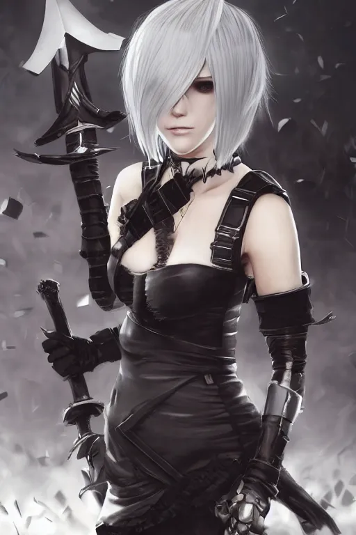 Image similar to nier automata warrior with swords, goth ninja, pretty face, ultra detailed, digital art, 8k ,character ,realistic, portrait, hyperrealistic