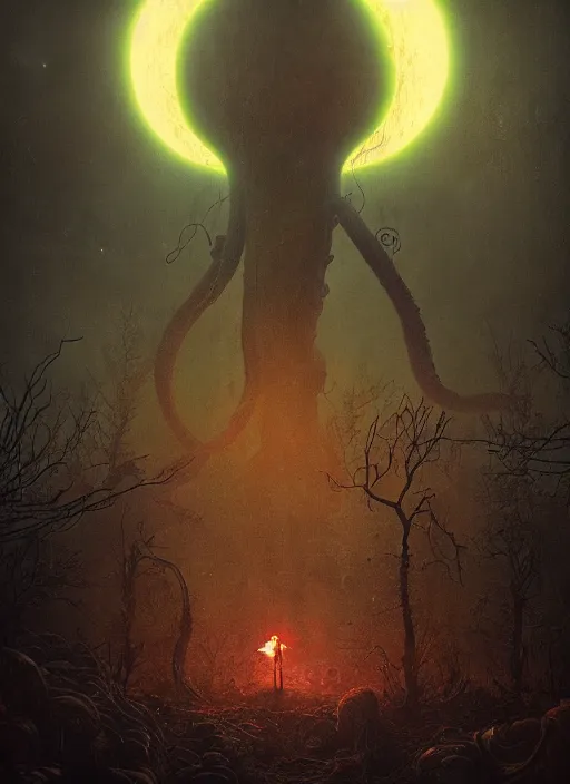 Image similar to giant tentacles in burning vapor glowing mansion dramatic lighting desolate landscape with a light moon in a night circus setting, artem chebokha, alexander jansson, allen williams, anja millen, simon stalenhag, adam paquette