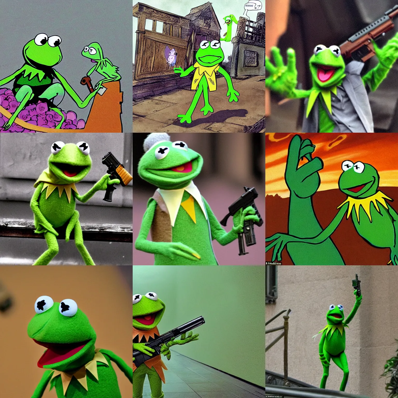 Prompt: Kermit the frog arriving at heaven with a gun to kill god for his crimes against humanity. Kermit the frog is liberating heaven with assault rifles