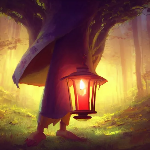 Image similar to concept art painting of an anthropomorphic luffy wearing a yellow cloak, holding a lantern, in the deep forest, realistic, detailed, cel shaded, in the style of by isaac asimov and marc simonetti and makoto shinkai and greg rutkowski and james gurney