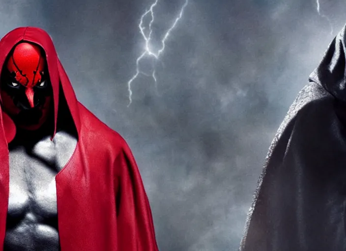 Image similar to film still of michael b jordan as spawn in the new spawn movie, giant chains, large cape, 8 k