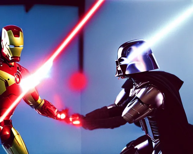 Prompt: a duel between iron man ( left ) and darth vader ( right ), in space, shot on alexxa ; 3 5 mm cooke