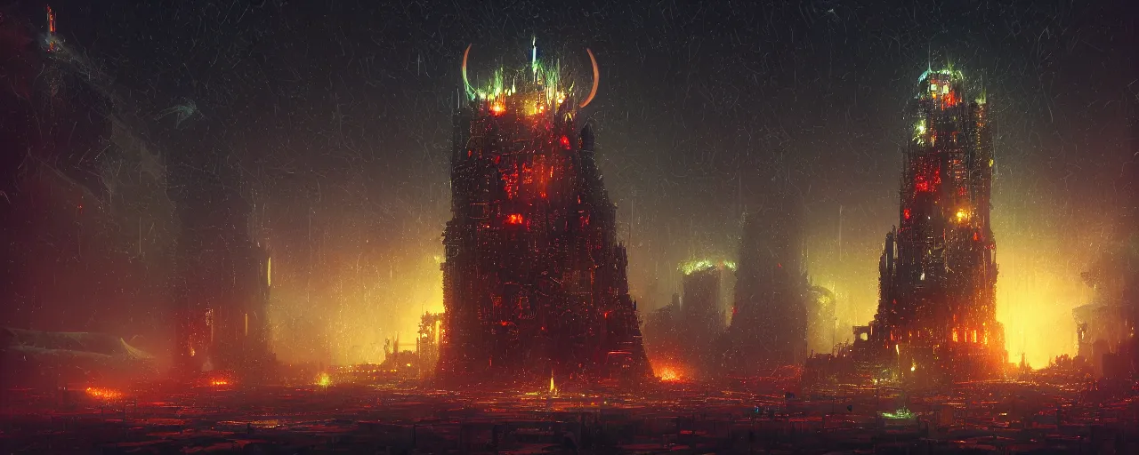 Image similar to ” tower made of shiny black rubber [ by paul lehr, cinematic, detailed, epic, widescreen, opening, establishing, mattepainting, photorealistic, realistic textures, octane render ] ”
