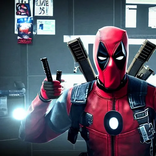 Image similar to Screenshot from the PC game Payday 2 demonstrating the Deadpool crossover