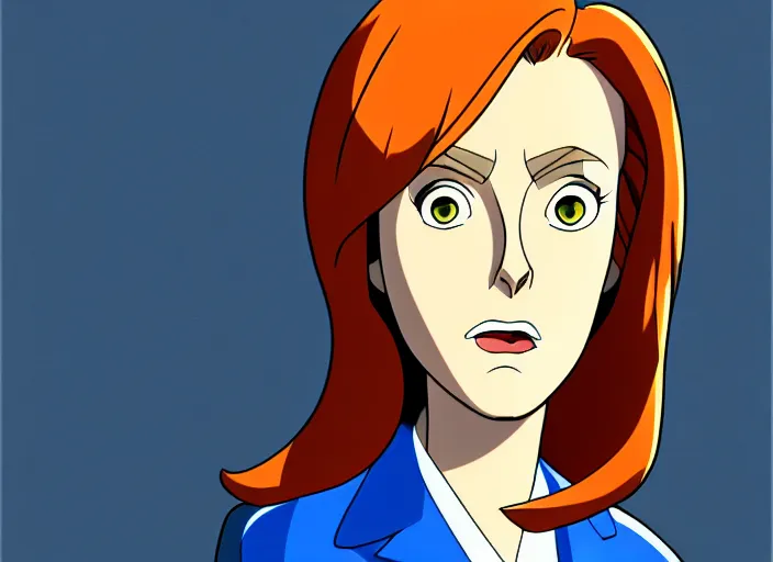 Image similar to a shaded animation cel of dana scully, sharp detail, realistic anatomy, in the style of western cartoons, by filmation, toei animation, studio trigger, studio ghibli, 5 k, artstation trending