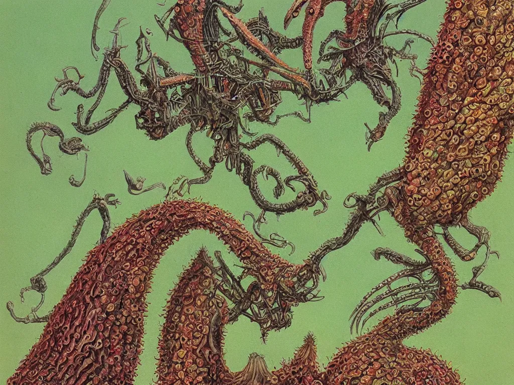 Image similar to close up view of a creature from codex seraphinianus. painting by roger dean