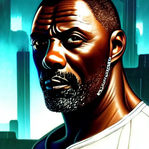 Image similar to wideangle!! portrait shot of idris elba in cyberpunk 2 0 7 7, intricate, elegant, highly detailed, centered, digital painting, artstation, concept art, smooth, sharp focus, illustration, artgerm, tomasz alen kopera, peter mohrbacher, donato giancola, joseph christian leyendecker, wlop, boris vallejo