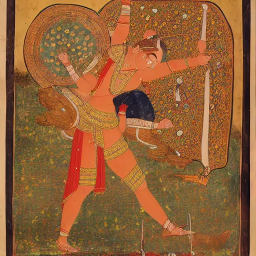 Image similar to woman warrior falls in battle and ascends to godhood. warriors watch in astonishment, mughal art painting by govardhan