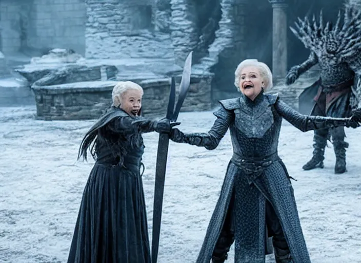 Prompt: a screenshot of betty white fighting the night king with a sword in an episode of game of thrones