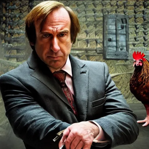 Image similar to saul goodman and a rooster in a medieval torture chamber, saw blades and knives in the background, horror movie, saul goodman!!, rooster!!!!!!, real life photo, detailed face