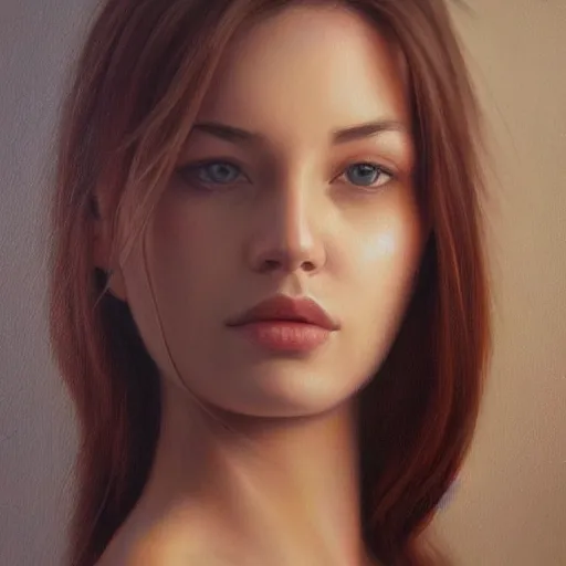 Image similar to realistic portrait beautiful painting leaning to the right, a woman about 2 0 - 2 5 years old, with average body proportions. photorealistic, good lighting, trendy, trending on artstation, smooth draw, sharp focus, trending on deviantart.