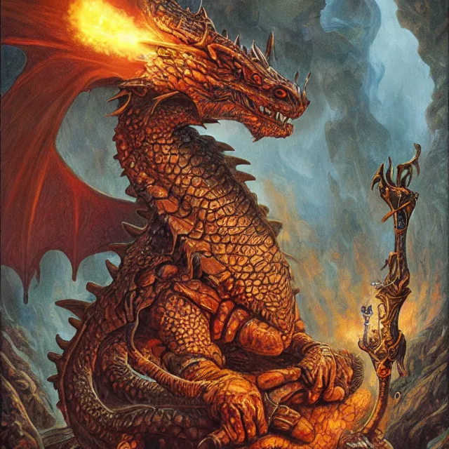 Image similar to artwork by Justin Gerard and Jeff Easley showing a dragon sitting on a volkano smoking his pipe