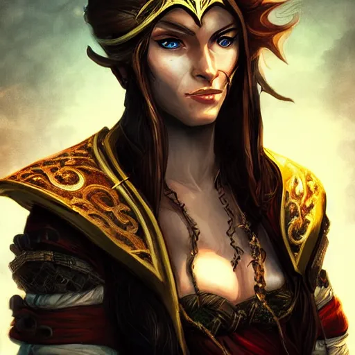 Prompt: portrait of a elven female pirate, fantasy setting, digital art, dramatic lighting, art by jason chan