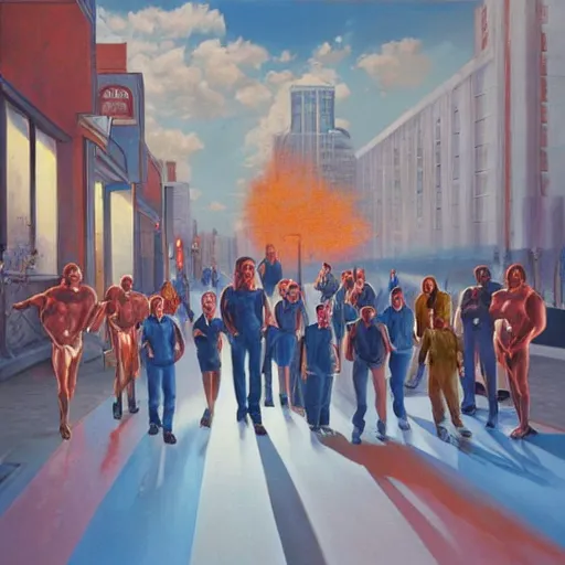 Prompt: A painting of Boulevard of Broken Dreams by Gottfried Helnwein, with WWF wrestlers from the 1980's, dynamic lighting