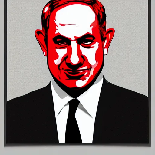 Prompt: portrait of benjamin netanyahu as a godfather, neo noir, dark, foreboding, black white grey red color palette