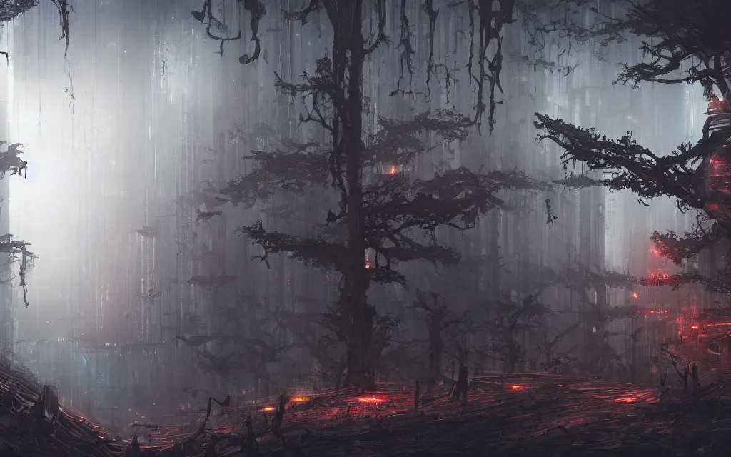 Image similar to a dark forest where gears and electronic parts grow on the trees tops, cyberpunk landscape wallpaper, d&d art, fantasy, painted, 4k, high detail, sharp focus