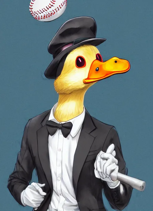 Image similar to commissioned full body portrait of a male anthro duck fursona with a duck head wearing a nice black suit and a fedora holding a baseball bat sitting on the hood of a police patrol car in a baseball stadium, by a professional manga illustrator, Stanley Artgerm Lau, WLOP, Rossdraws, James Jean, Andrei Riabovitchev, Marc Simonetti, and Sakimichan, trending on artstation