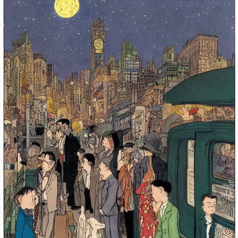 Prompt: some people waiting in bus stop in quiet dark city night, detailed, high quality, high resolution, color illustration by Winsor McCay little nemo