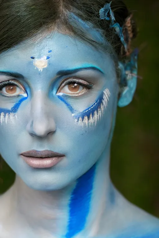 Image similar to an italian woman dressed as a blue-skinned female navi from avatar standing in a forest, blue body paint, high resolution film still, 8k, HDR colors, cosplay, outdoor lighting, high resolution photograph, photo by bruce weber, beautiful symmetric face, beautiful gazing eyes