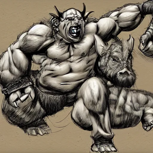 Prompt: An orc with a boar in a suplex, detailed digital art