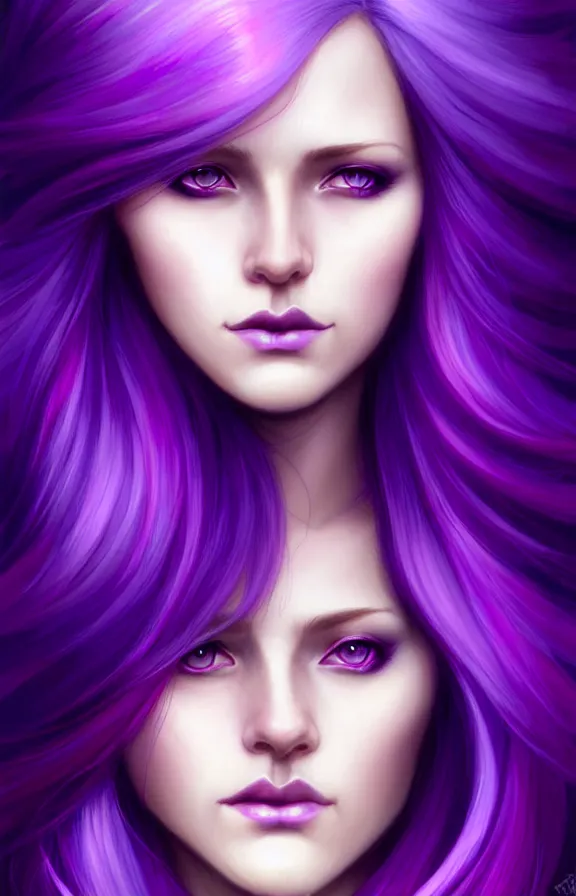 Image similar to Purple hair relistic Portrait of a woman with bright colored flying hair, all shades of purple. Hair coloring, long hair, blue eyes, fantasy, intricate, elegant, highly detailed, digital painting, artstation, concept art, smooth, sharp focus, illustration, art by artgerm and greg rutkowski and alphonse mucha