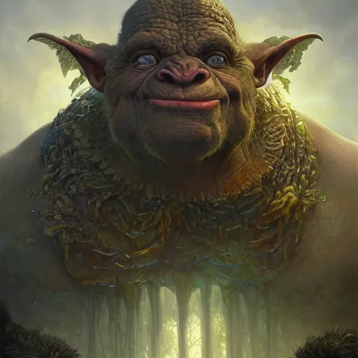 Image similar to a hyperrealistic illustration of a mix of an oger and giant and goblin, 8 k ultra realistic creature, detailed intricate, with fractal sunlight, award - winning, masterpiece, in the style of tom bagshaw, cedric peyravernay, peter mohrbacher