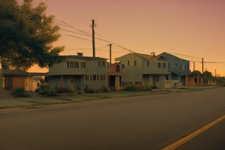 Image similar to a detailed cinematic render of a utopian 1 9 5 0 s american suburbs at sunset by steven outram, photoreal, 4 k, photography by todd hido