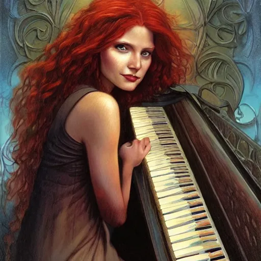 Prompt: realistic detailed face portrait of Elesky, a young redhaired woman playing the piano, by Charlie Bowater, Karol Bak, Greg Hildebrandt, Jean Delville, and Mark Brooks, Art Nouveau, Neo-Gothic, gothic, rich deep moody colors The seeds for each individual image are: [2494430636, 1032106751, 2063300223, 3127318783, 2806927615, 1614572159, 3237315913, 4237549348, 2995599206, 694098747, 1678823558]