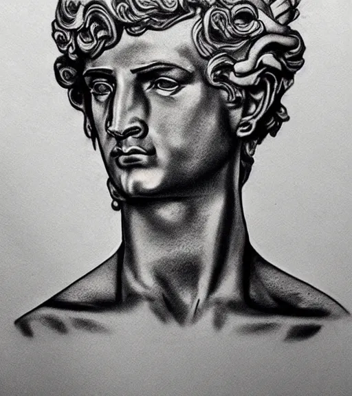 Image similar to tattoo design sketch of the statue of david broken in the middle, in the style of den yakovlev, realistic face, black and white, realism tattoo, hyper realistic, highly detailed