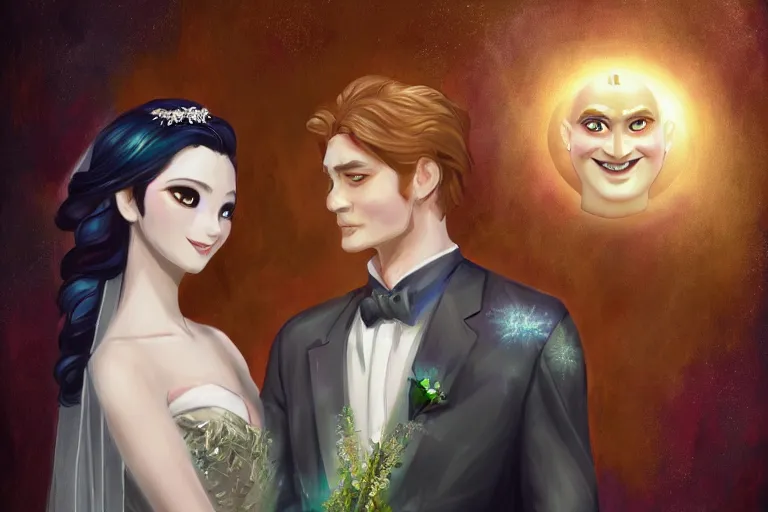 Prompt: a cinematic portrait of wedding photograph jpeg close up moment of a divine a japan sun god and moon goddess lovers magician at a wedding banquet. portraiture. digital painting. artstation. concept art. wedding photo. digital painting. frozen ii art masterpiece by art by krenz cushart