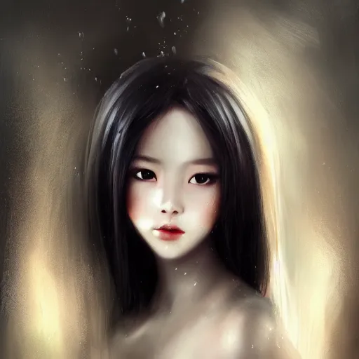 Prompt: a beautiful and elegant girl by wlop, black hair, dream, closeup headshot, high detailed, style of ghost blade, ultra - realistic painting.