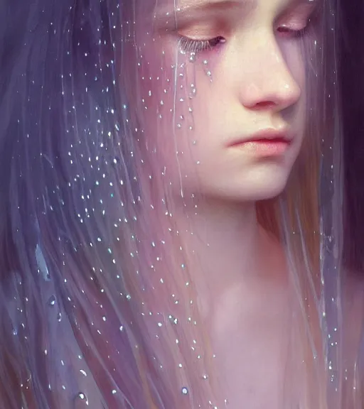 Prompt: portrait of teenage queen, long opalescent glistening wet hair made mycelium, blind frosted eyes, peaceful expression, bone jewelry, intricate, elegant, gem jewelry, mushroom cave, glowing lights, highly detailed, digital painting, artstation, concept art, smooth, sharp focus, illustration art by wlop, mucha, artgerm, and greg rutkowski