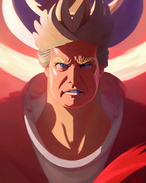 Prompt: donald trump as an azctec warrior, detailed perfect face, exquisite details, fire magic, mid view, design on a white background, by studio muti, greg rutkowski makoto shinkai takashi takeuchi studio ghibli