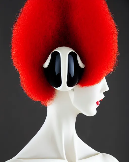 Prompt: symmetrical portrait of a woman wearing a red embroidered translucent silicone mask and white frizzy hair buns, wearing a black bodysuit by alexander mcqueen, cream white background, soft diffused light, biotechnology, humanoide robot, futuristic aesthetic, translucent, ethereal, intricate details, highly detailed, masterpiece,