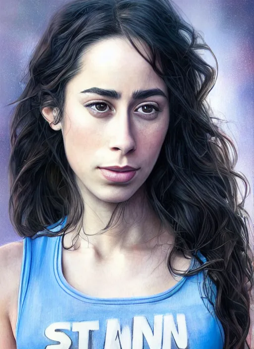 Image similar to full length photo of Oona Chaplin in a tanktop in the style of stefan kostic, realistic, sharp focus, 8k high definition, insanely detailed, intricate, elegant, art by stanley lau and artgerm