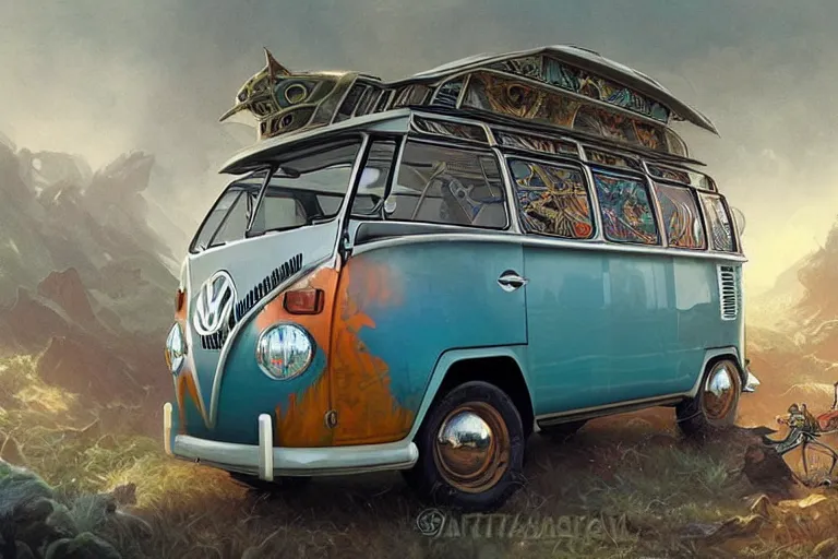 Image similar to VW surf bus, fantasy, elegant, intricate, highly detailed, digital painting, artstation, concept art, sharp focus, illustration, art by artgerm and greg rutkowski and alphonse mucha