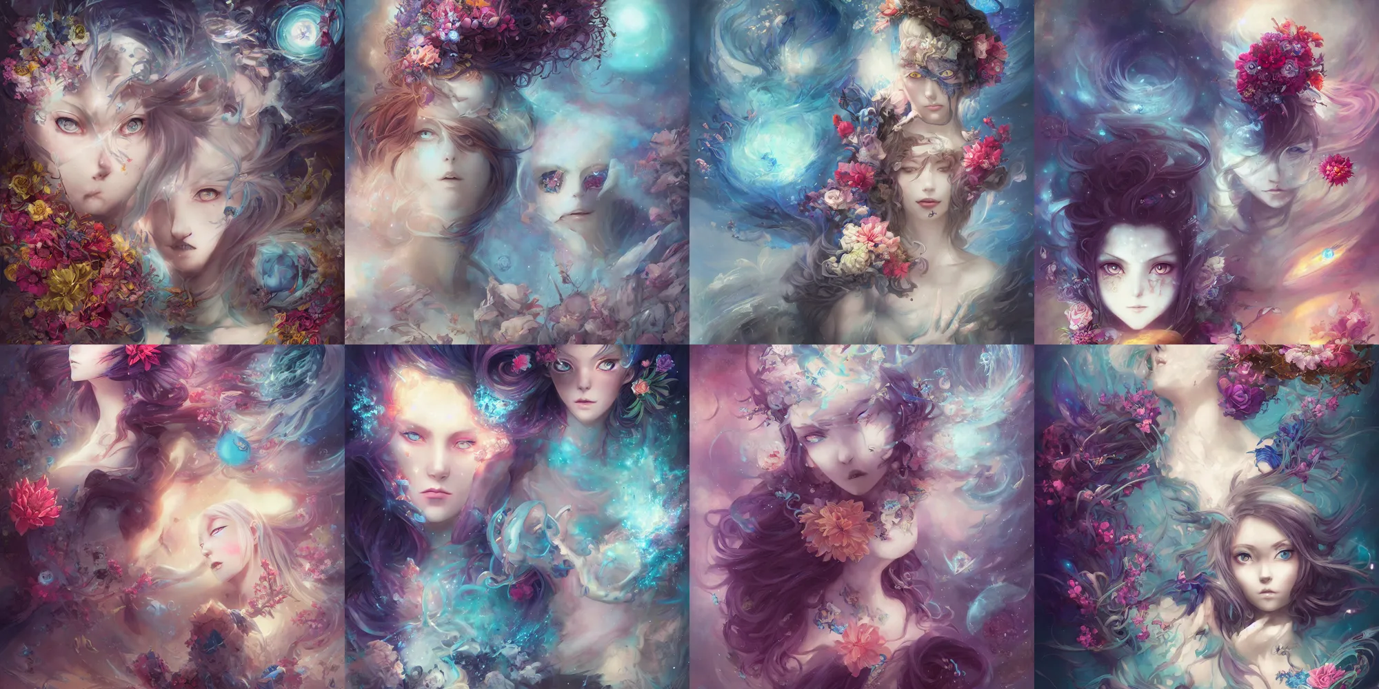 Prompt: far away, anime goddess + blue eyes + flowers + colorful hair by cgsociety and charlie bowater steve argyle, tom bagshaw, symmetrical, insanely detailed, artstation, space art, atoms surrounded, by skulls and spirits deep under the sea, horror, sci - fi, surrealist painting, by peter mohrbacher anato finnstark