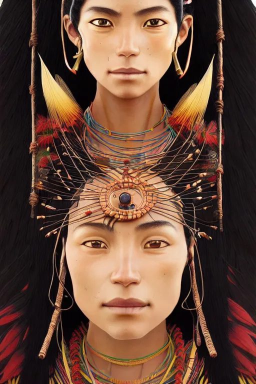 Image similar to woman of q'eros, peru amazon tribe, finely detailed perfect face, exquisite details, fire magic, mid view, design on a white background, by studio muti, greg rutkowski makoto shinkai takashi takeuchi studio ghibli