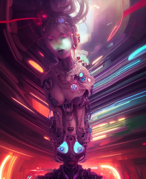 Image similar to whirlwind souls rushing inside metaverse, half body, tiara, robotic, android, cyborg, cyberpunk face, by loish, d & d, fantasy, intricate, elegant, highly detailed, colorful, vivid color, digital painting, artstation, concept art, art by artgerm and greg rutkowski and alphonse mucha and ruan jia