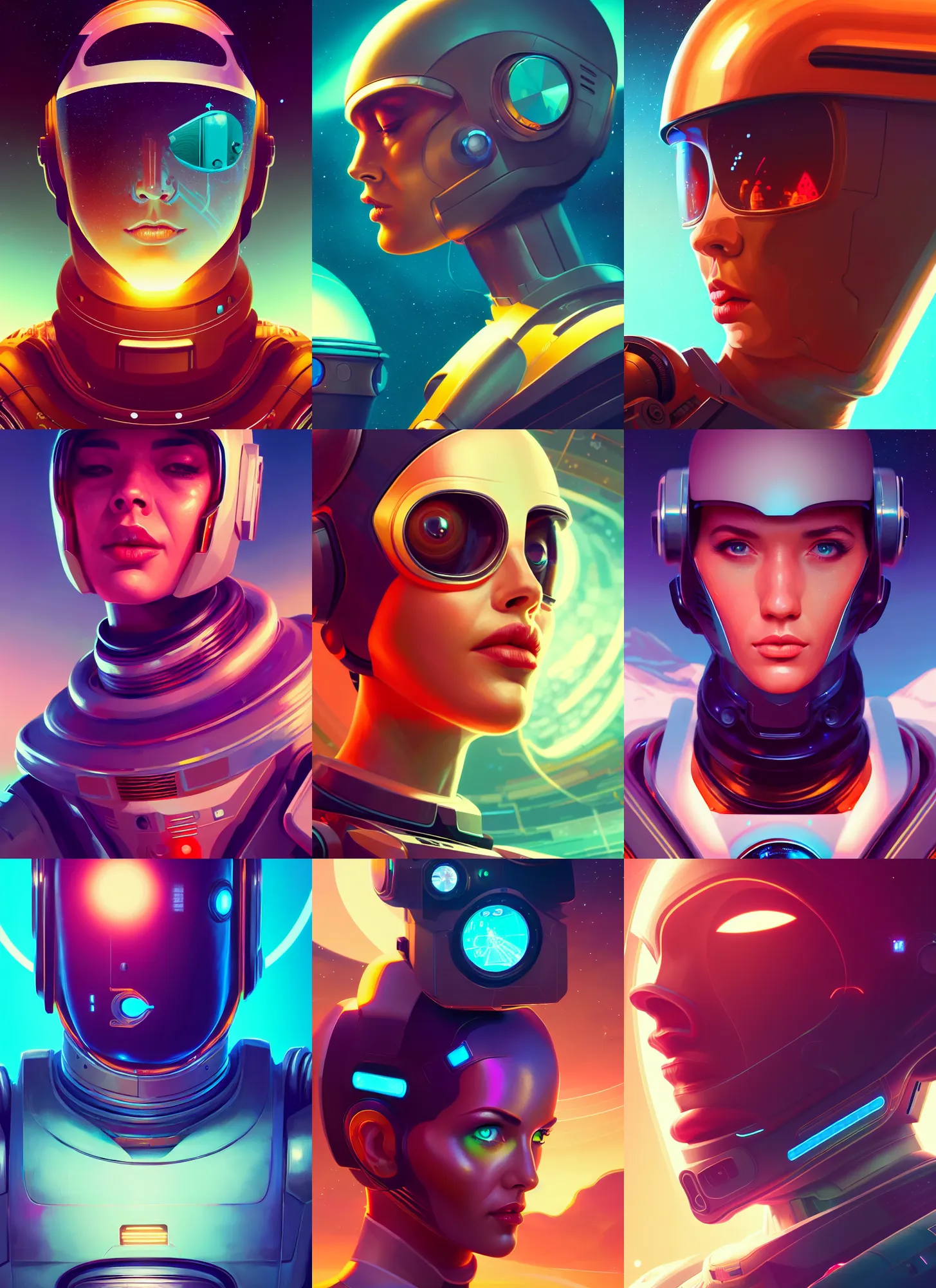 Prompt: retrofuturistic portrait of an android, space graphics art in background, close up, wlop, dan mumford, artgerm, liam brazier, peter mohrbacher, 8 k, raw, featured in artstation, octane render, cinematic, elegant, intricate, 8 k