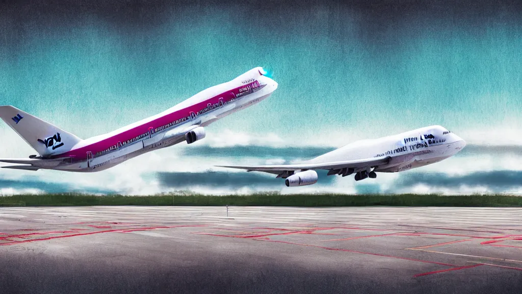 Image similar to narita airport, 7 4 7 airplane landing, a collage painting, in the style of wes anderson, lola dupre, david hockney, isolated on negative space background dark monochrome neon spraypaint accents volumetric octane render